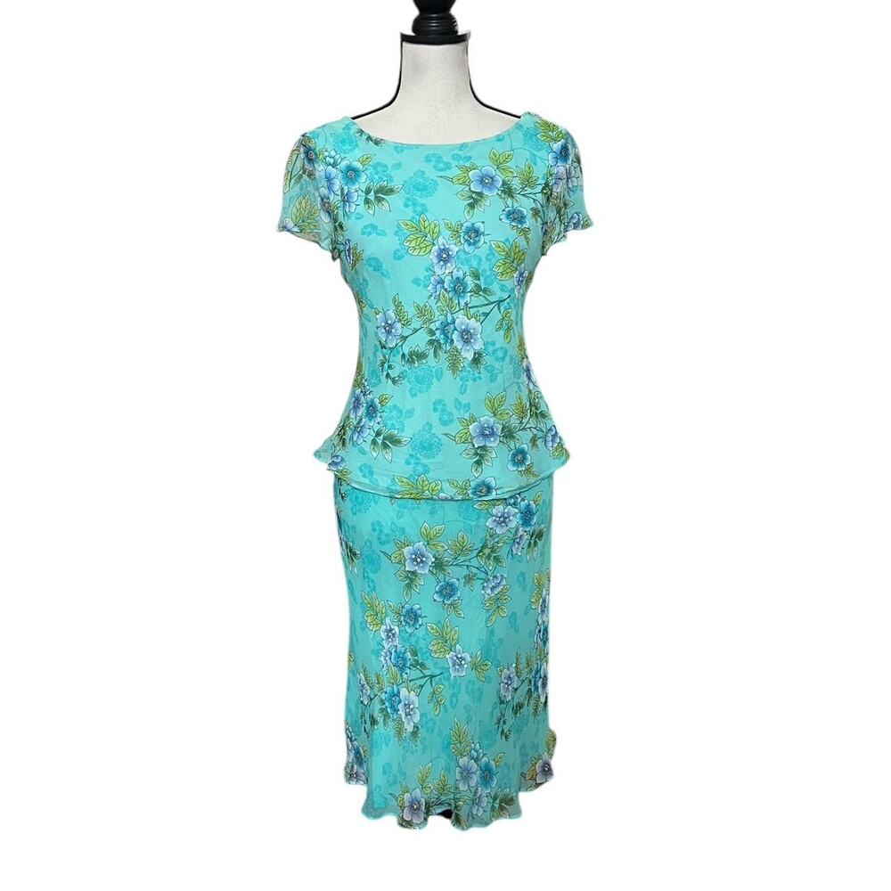 VTG 90s Robbie Bee Aqua Blue Floral Silk Cowled Back Top & Ruffle Skirt Set 10 - Picture 2 of 8